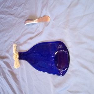 Handcrafted Flattened dark blue wine bottle cheese board with cheese spreader